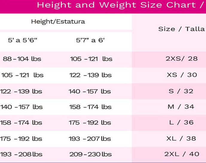 Fajas MYD Size Chart